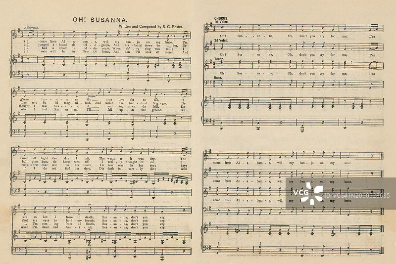 《哦！苏珊娜》的乐谱古老雕刻插图，斯蒂芬·福斯特创作于1848年图片素材