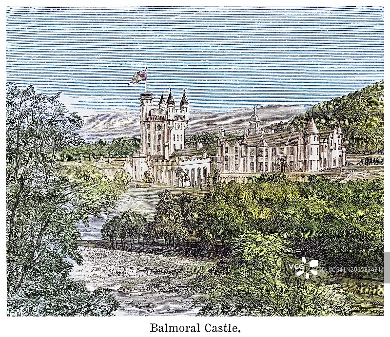 苏格兰巴尔莫勒尔城堡（迪河）老式雕刻插图图片素材