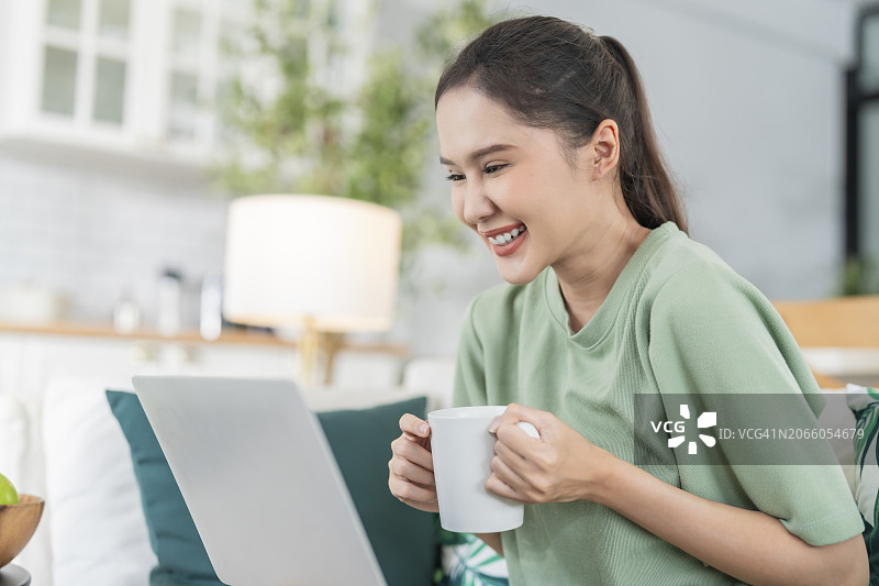 快乐迷人的亚洲女人坐在沙发上，抱着博美犬，在家用笔记本电脑工作图片素材