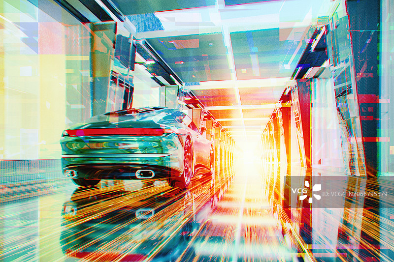 未来城市走廊中的疾驰跑车图片素材