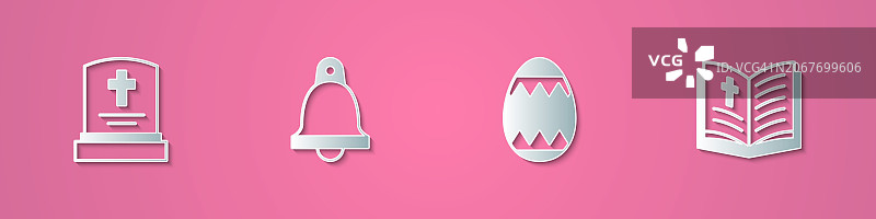 纸艺风格墓碑、教堂钟声、复活节彩蛋和圣经书图标图片素材