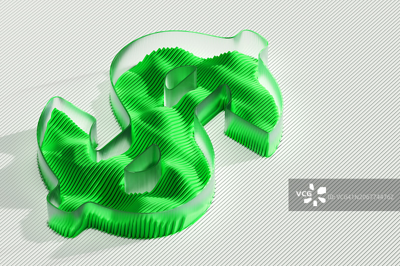 3D发光玻璃美元符号与绿色波浪图片素材