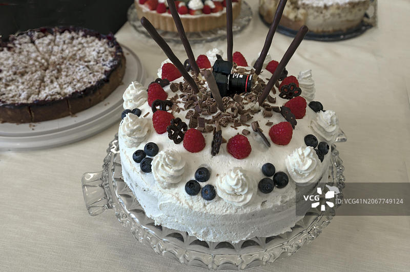 摄影展上的黑森林蛋糕和迷你相机，德国巴伐利亚州埃肯塔尔图片素材