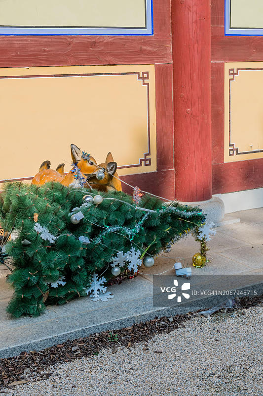 韩国平泽市建筑物后方水泥台阶上装饰的圣诞树和塑料驯鹿图片素材