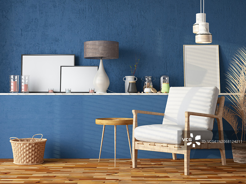 带扶手椅和家居装饰的蓝色客厅图片素材