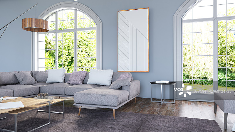 带花园景观的现代客厅内饰图片素材