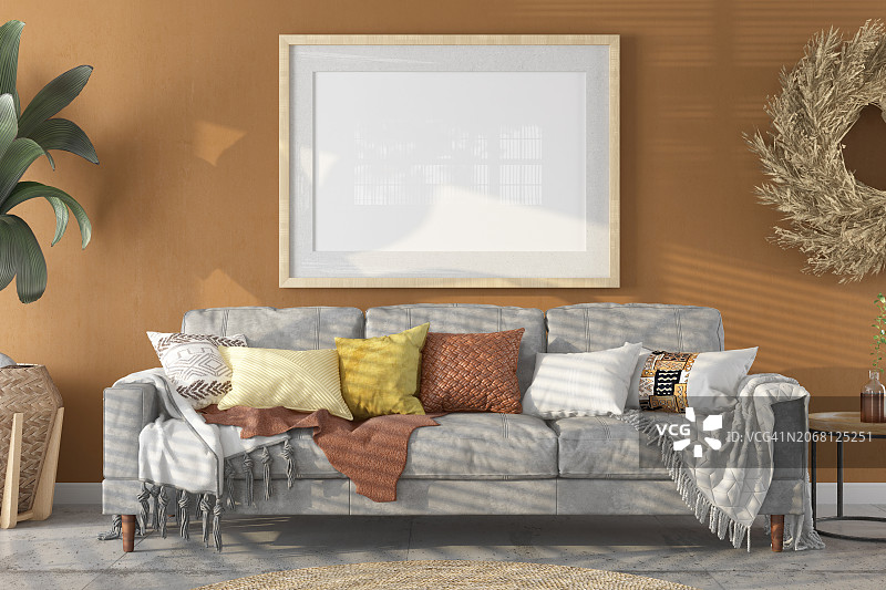 舒适的米色客厅，配有舒适的沙发和空白样机相框图片素材