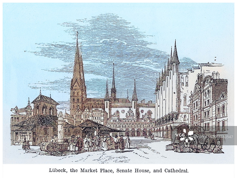 德国吕贝克市场、参议院和主教座堂古老雕刻插图图片素材
