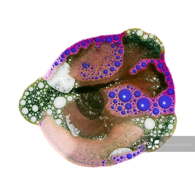 白色画布上绿色粉色液滴混合的液态分子图片素材