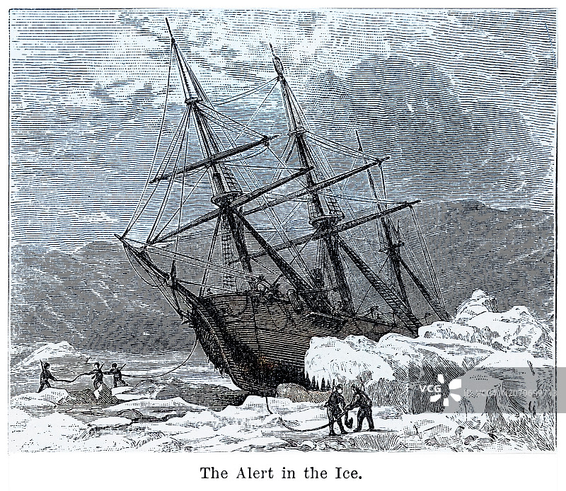 古老的雕刻插图：极北地区的冰层——冰山，冰中的警报图片素材