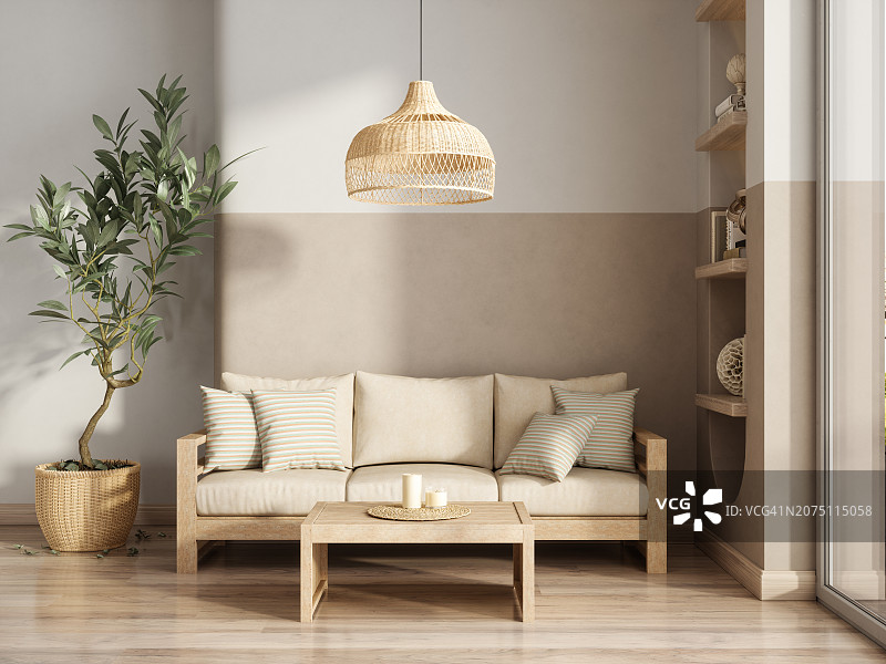 带沙发、盆栽和柳条落地灯的现代波西米亚风客厅图片素材