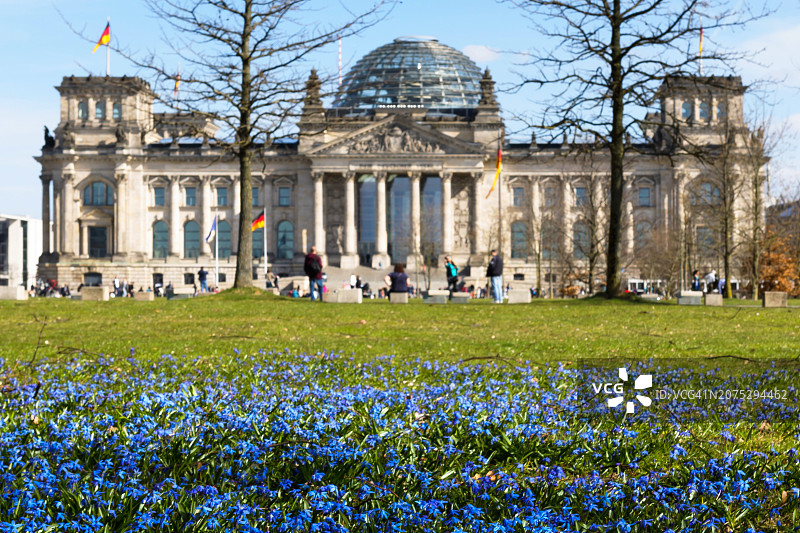 柏林之春：以德国国会大厦为背景的春花（德国柏林）图片素材