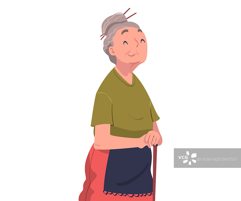 快乐的老年妇女拄着拐杖站立微笑矢量图图片素材