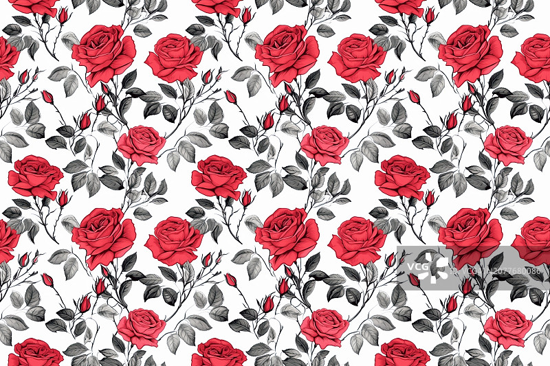 红色玫瑰花卉图案-无缝四重连续图案3*2图片素材