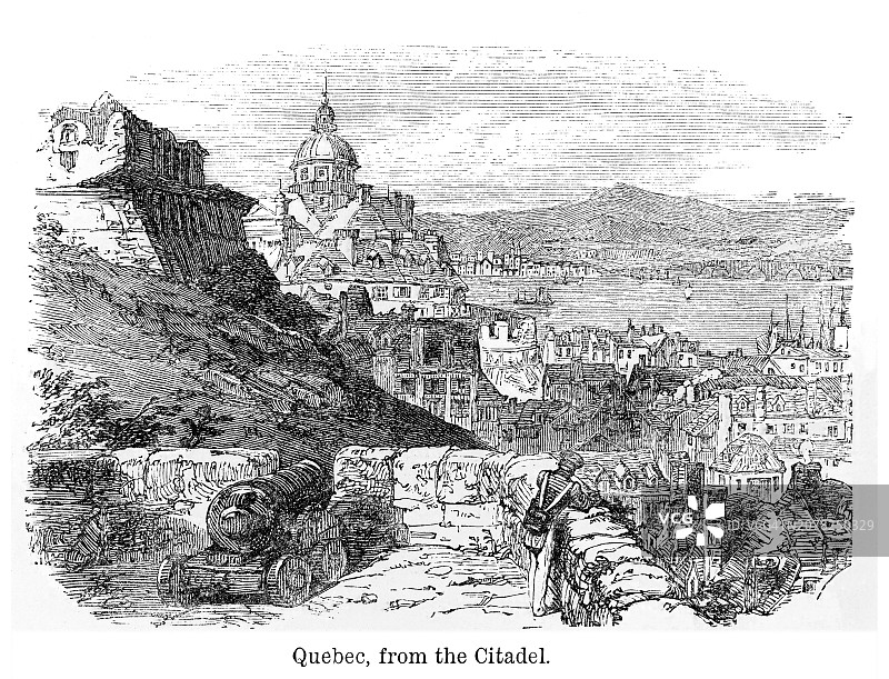 魁北克市古版画，加拿大魁北克省首府（来自城堡）图片素材