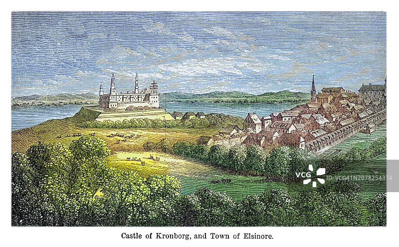 丹麦赫尔辛格的克伦堡城堡（联合国教科文组织世界遗产）和埃尔西诺镇的古老雕刻插图图片素材