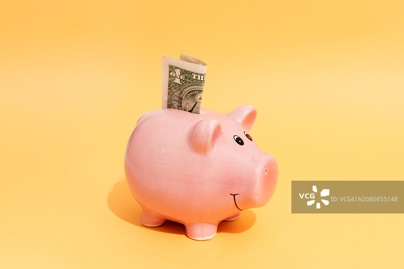 黄色背景上的小猪存钱罐里伸出的美元钞票图片素材