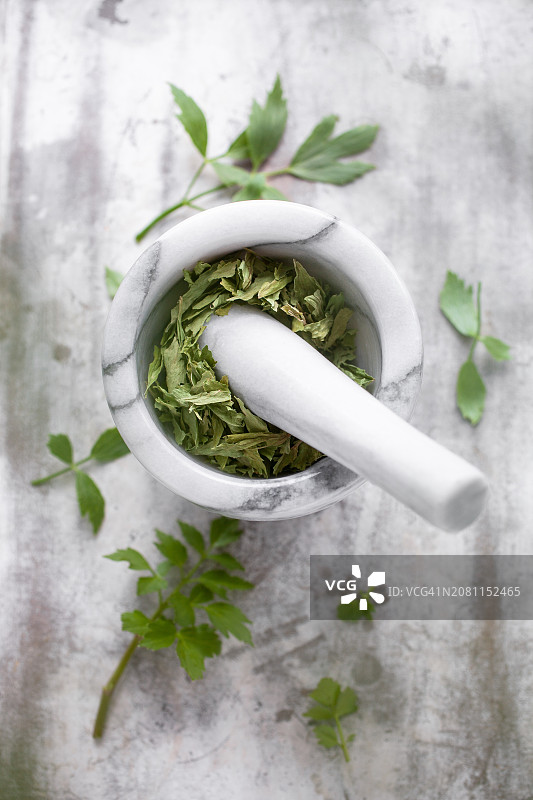 研钵中的干独活草图片素材