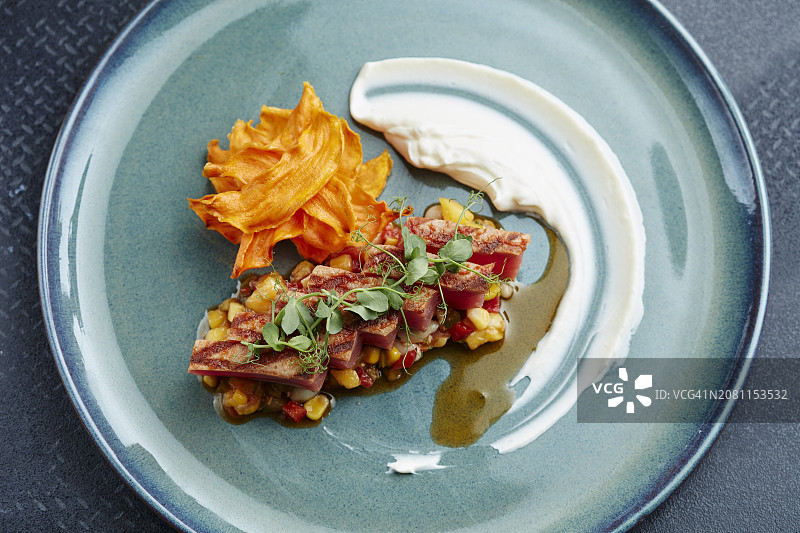 搭配蔬菜脆片的萨尔萨酱炒金枪鱼图片素材