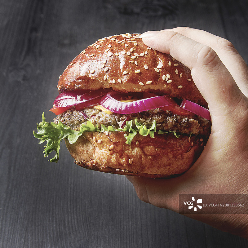 一只手拿着自制牛肉汉堡和红洋葱图片素材