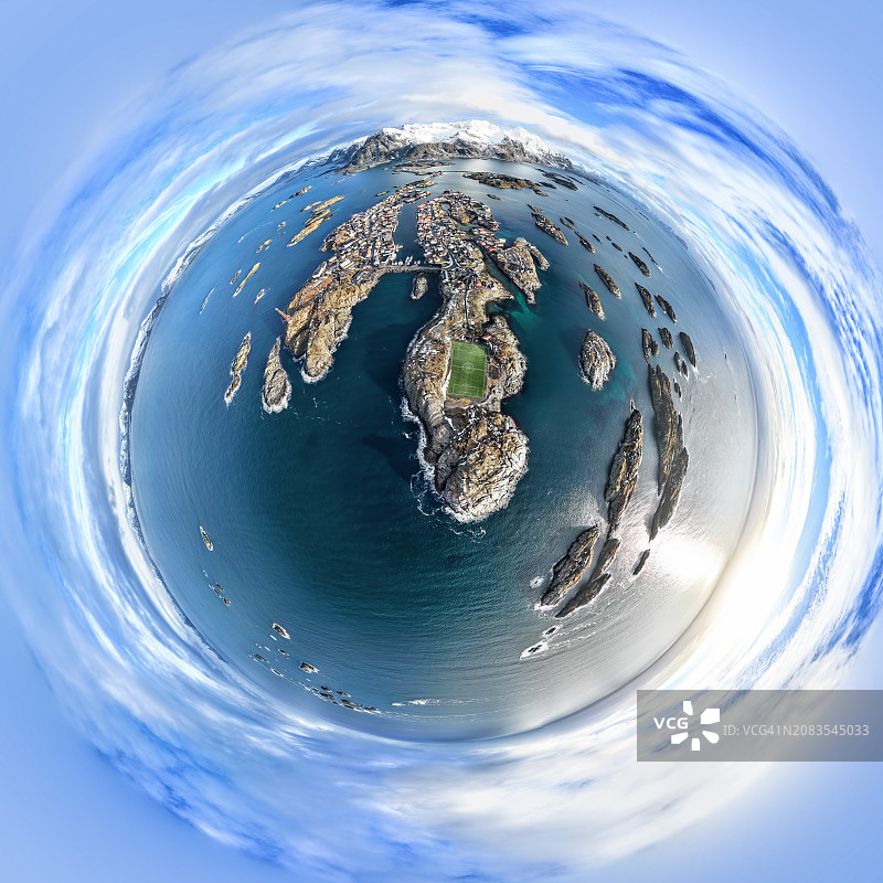 冬季挪威罗弗敦群岛360度小星球航拍全景图片素材