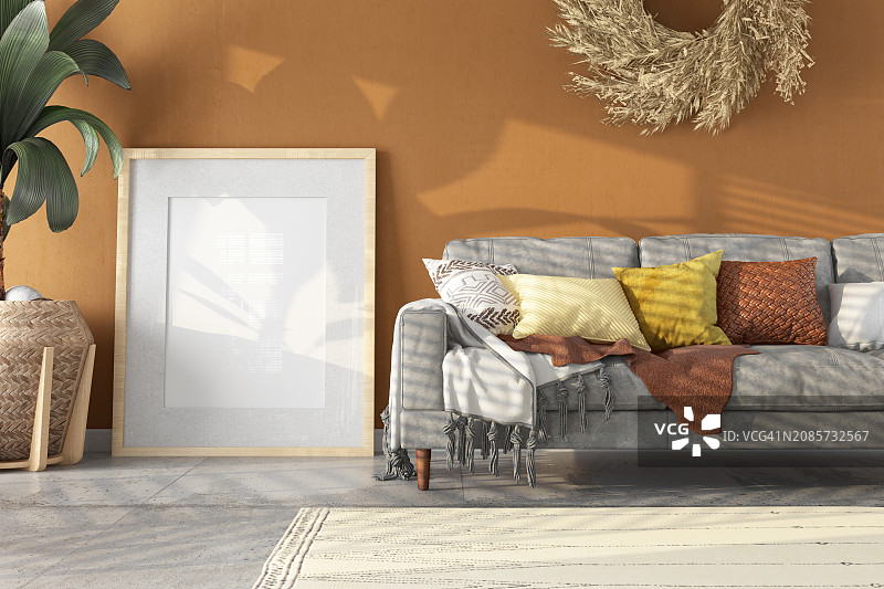 舒适米色房间的空画框样机图片素材