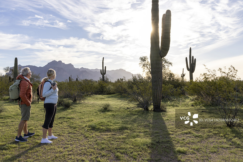 徒步旅行者在早晨探索沙漠图片素材