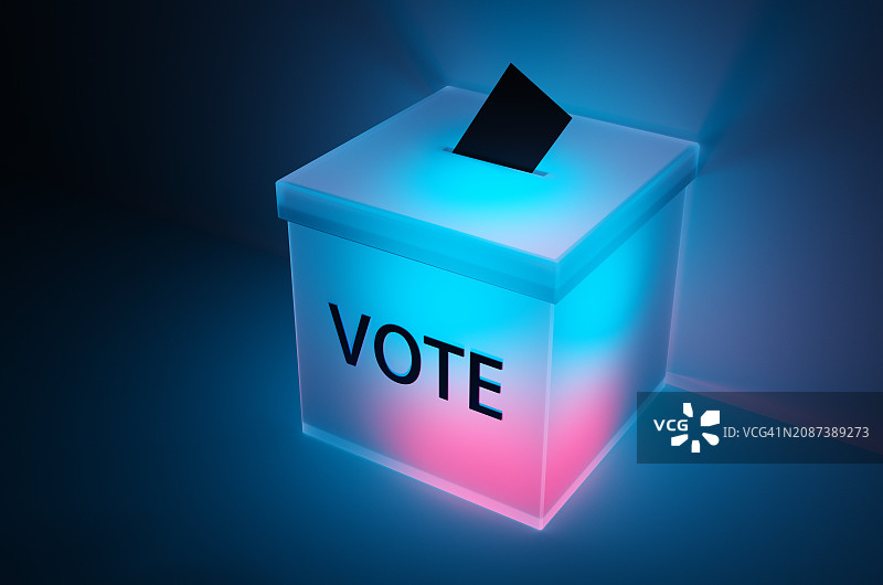 夜晚霓虹灯下的蓝色总统选举投票箱特写图片素材