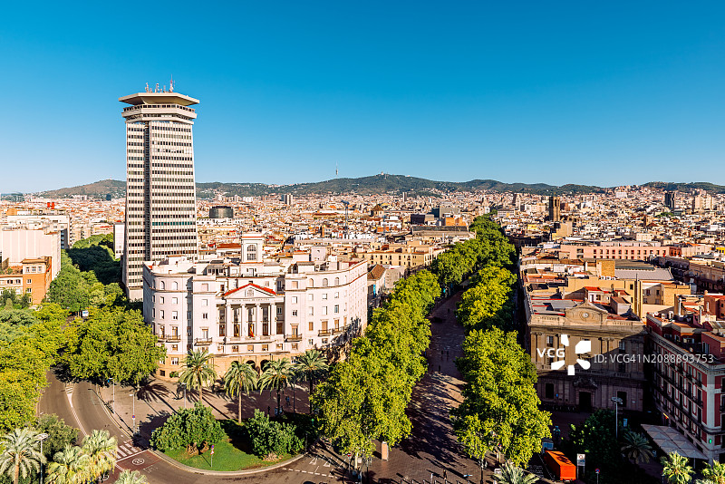 兰布拉步行街和巴塞罗那天际线在一个阳光明媚的夏日，鸟瞰图，西班牙图片素材