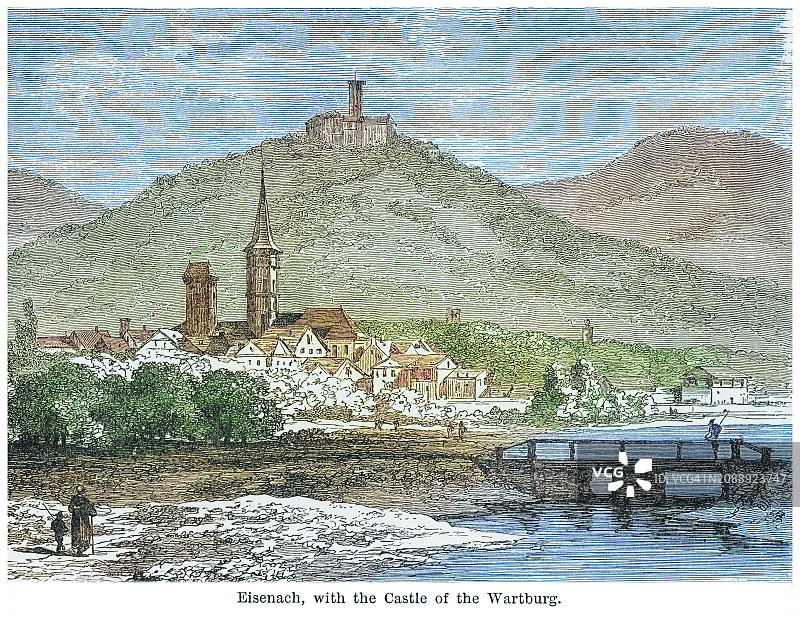 带有瓦尔特堡城堡（Die Wartburg）的艾森纳赫古老雕刻插图图片素材