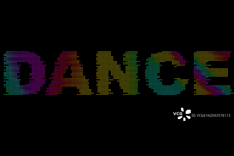 黑色背景上由彩色像素化数字RGB LED灯制成的舞蹈文字，视频游戏屏幕颜色像素艺术风格图片素材