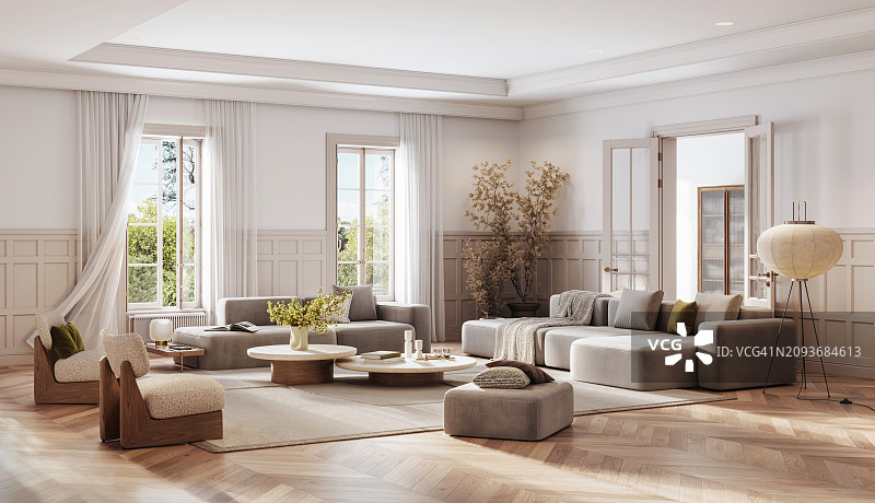 具有自然景观的优雅客厅虚拟设计图片素材