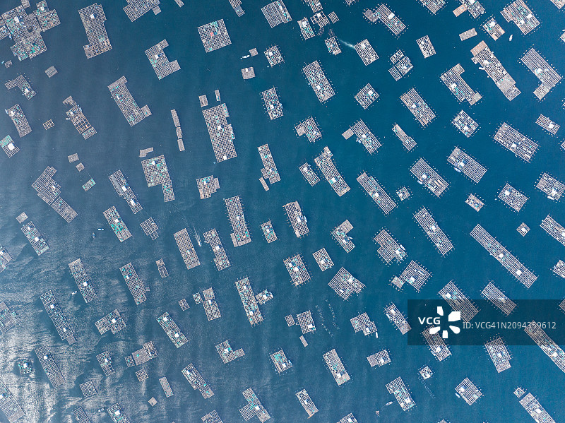 无人机图像显示，在南海，越南富颜省大规模养鱼图片素材