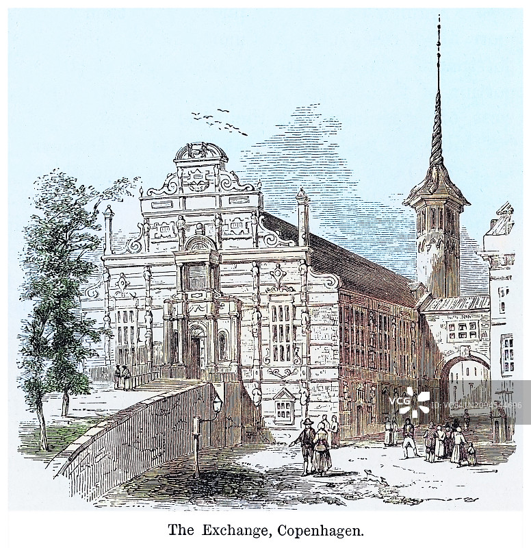 丹麦首都和人口最多的城市哥本哈根的古老雕刻插图图片素材