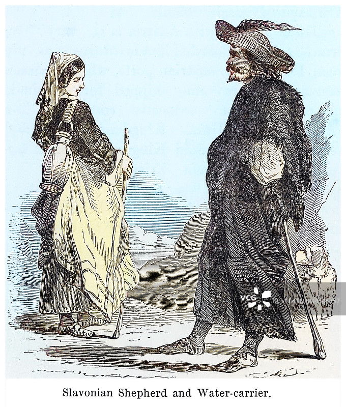 斯拉沃尼亚牧羊人和运水工古版画插图（斯拉沃尼亚与达尔马提亚，克罗地亚本土和伊斯特拉是克罗地亚的四个历史区域之一）图片素材