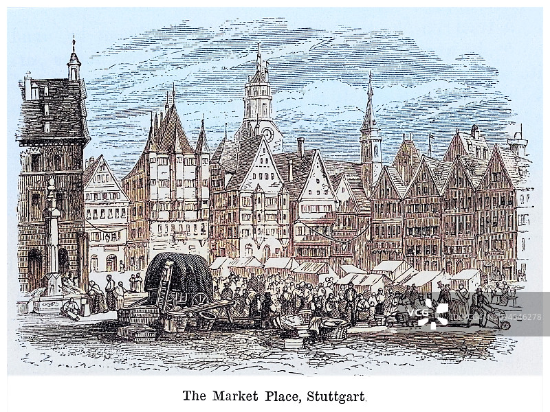 斯图加特市场的老式雕刻插图（德国巴登-符腾堡州首府）图片素材