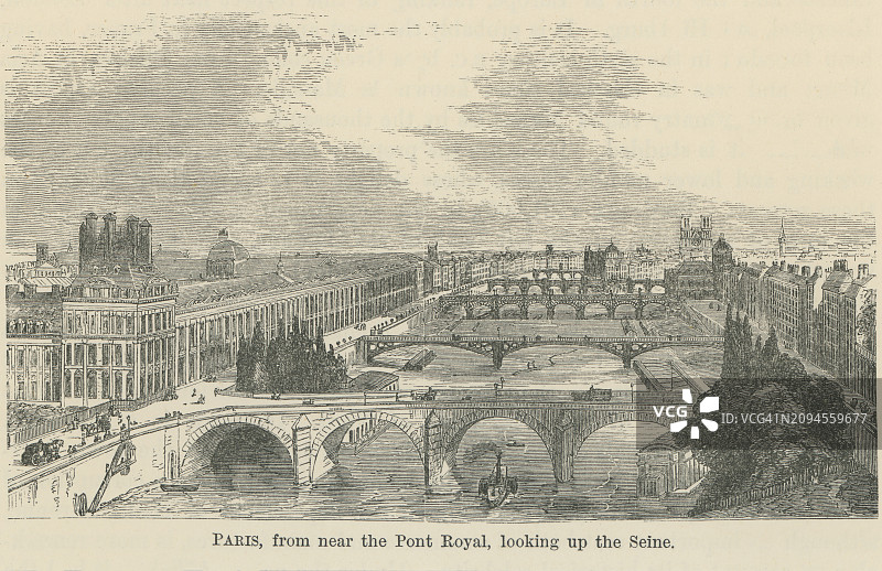 从皇家桥附近眺望塞纳河的巴黎古老雕刻插图图片素材