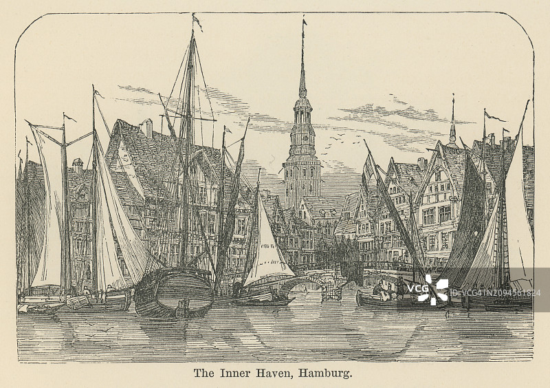 德国汉堡港城古老版画插图图片素材