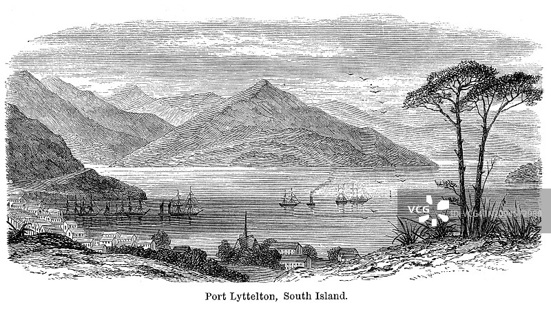 新西兰坎特伯雷海岸班克斯半岛西北侧利特尔顿港的主要入口古老雕刻插图图片素材