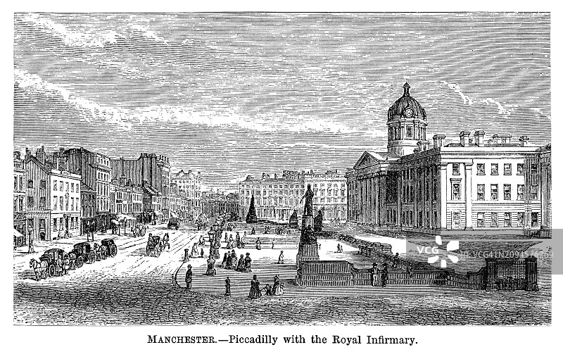 老式雕刻插图：英国曼彻斯特皇家医院和皮卡迪利大街图片素材