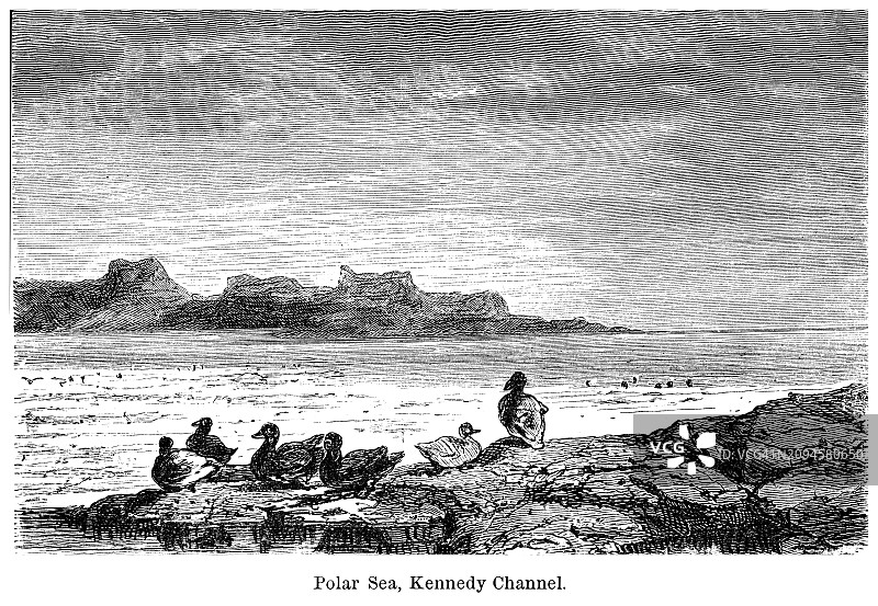 北冰洋，肯尼迪海峡古老版画插图 - 格陵兰和加拿大北部埃尔斯米尔岛之间的北极海路图片素材