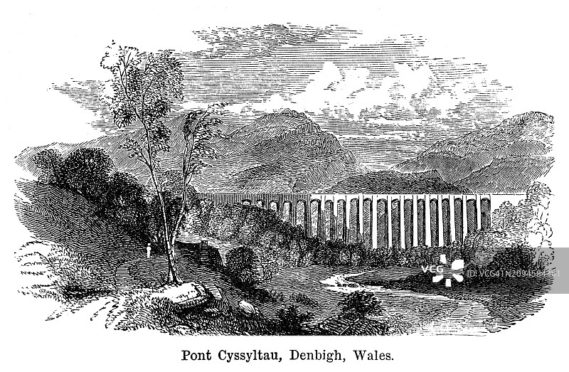 老式雕刻插图：威尔士Pontcysyllte渡槽，朗格伦运河图片素材