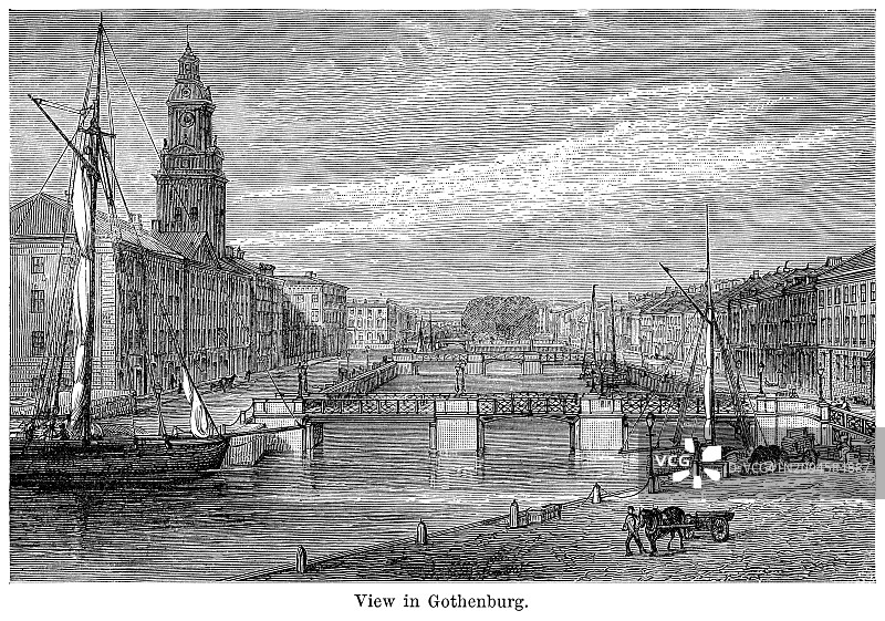 瑞典西约塔兰省首府哥德堡景观的古老雕刻插图图片素材