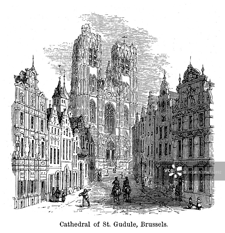 圣弥额尔圣古都拉主教座堂（圣古都拉主教座堂）的古老雕刻插图，该教堂是位于比利时布鲁塞尔市中心的一座中世纪罗马天主教主教座堂图片素材