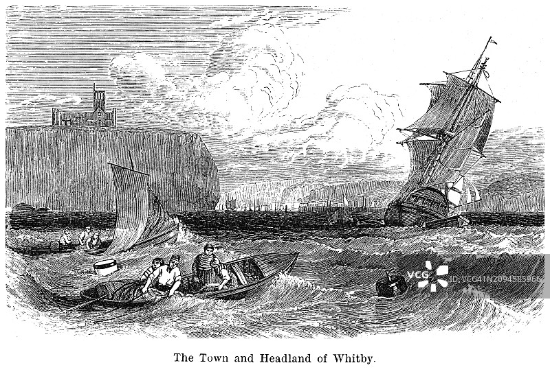 惠特比修道院古老雕刻插图：7世纪的基督教本笃会修道院，位于英格兰北约克郡惠特比东崖的北海上图片素材