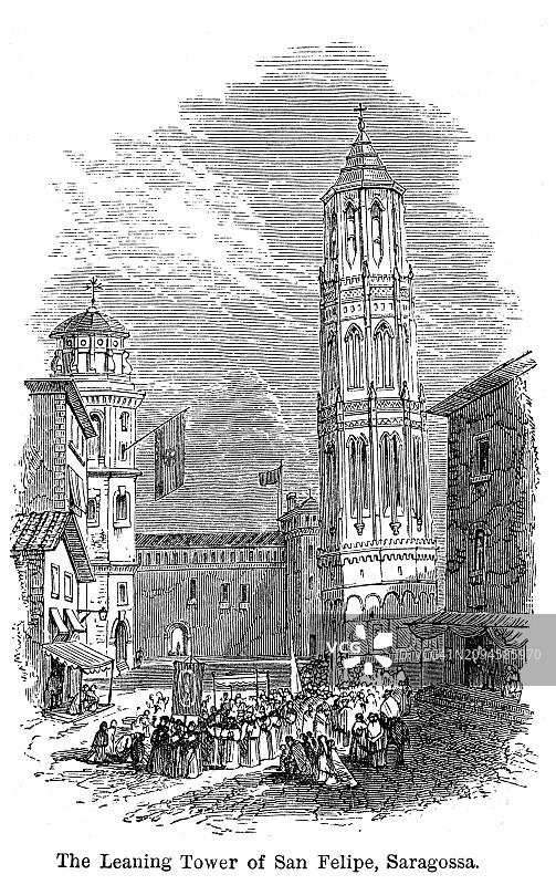 西班牙萨拉戈萨圣费利佩斜塔景色古老雕刻插图图片素材