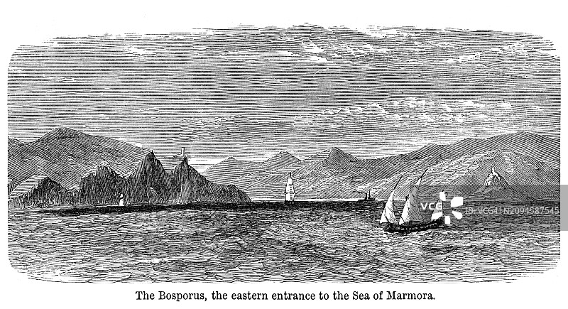 博斯普鲁斯海峡景观古老雕刻插图——马尔马拉海的东部入口图片素材
