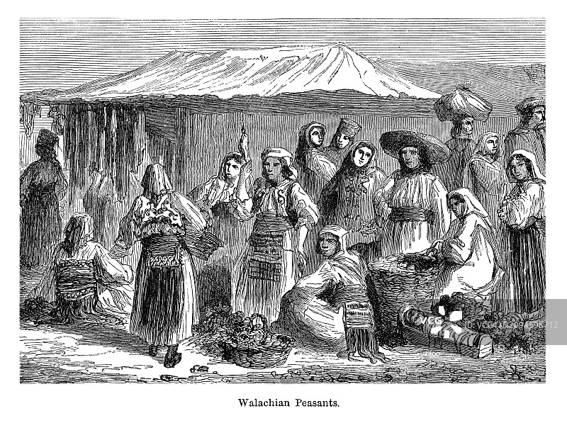瓦拉几亚人古版画，居住在东南欧多瑙河南部的东部罗曼语使用者图片素材