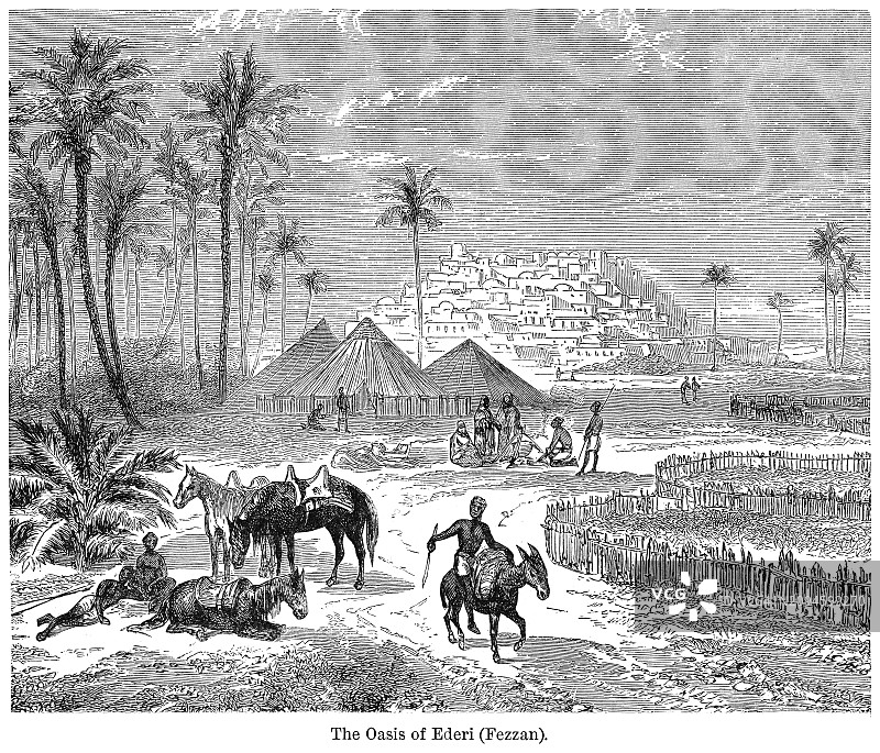 利比亚费赞地区埃德里绿洲古老雕刻插图：梯田城镇图片素材