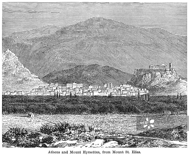 从圣埃利亚斯山看古城雅典和希梅托斯山的老式雕刻插图图片素材